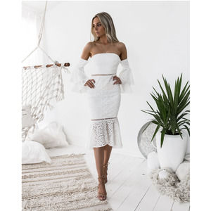 TwoSisters the Label Brianna White Lace Off Shoulder Midi Dress